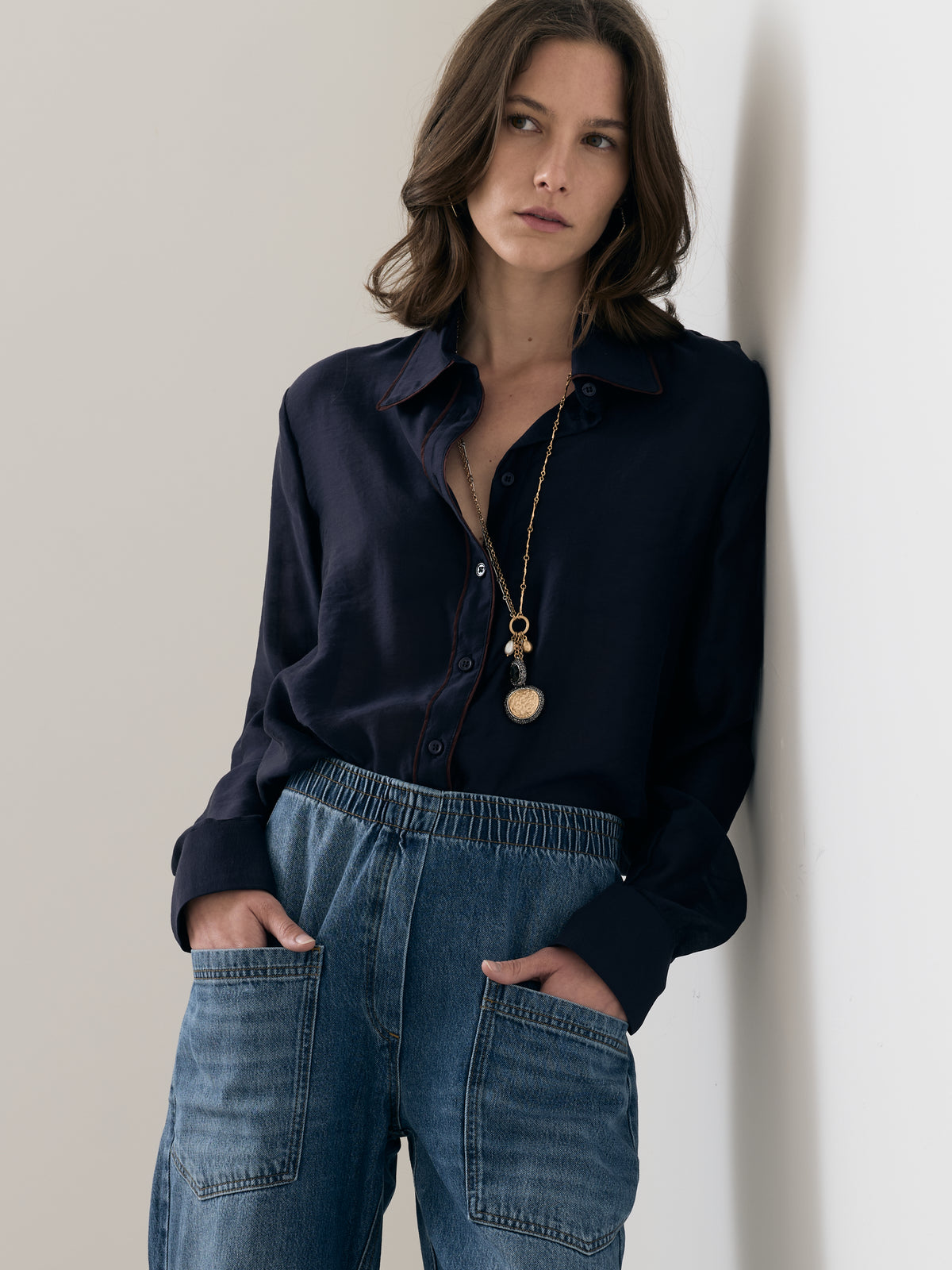 Navy Blanca Shirt with Bronze Piping