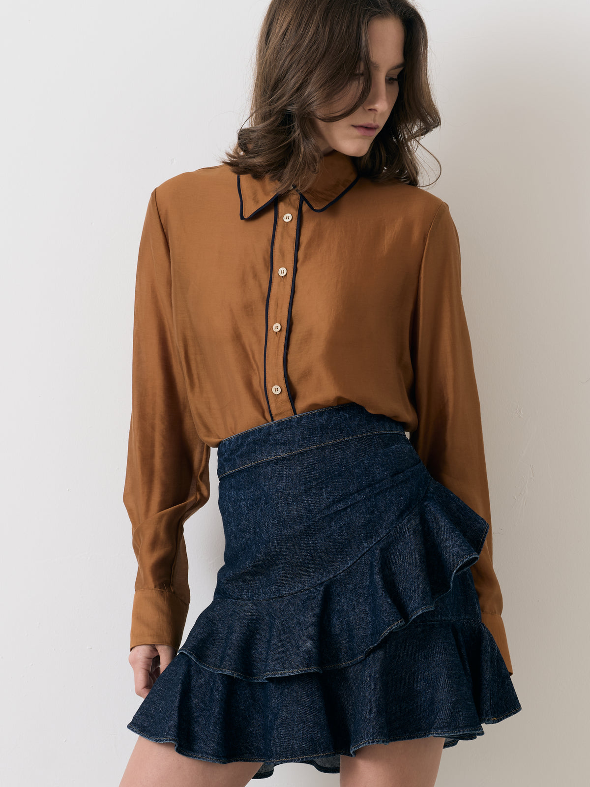 Bronze Blanca Shirt with Navy Piping