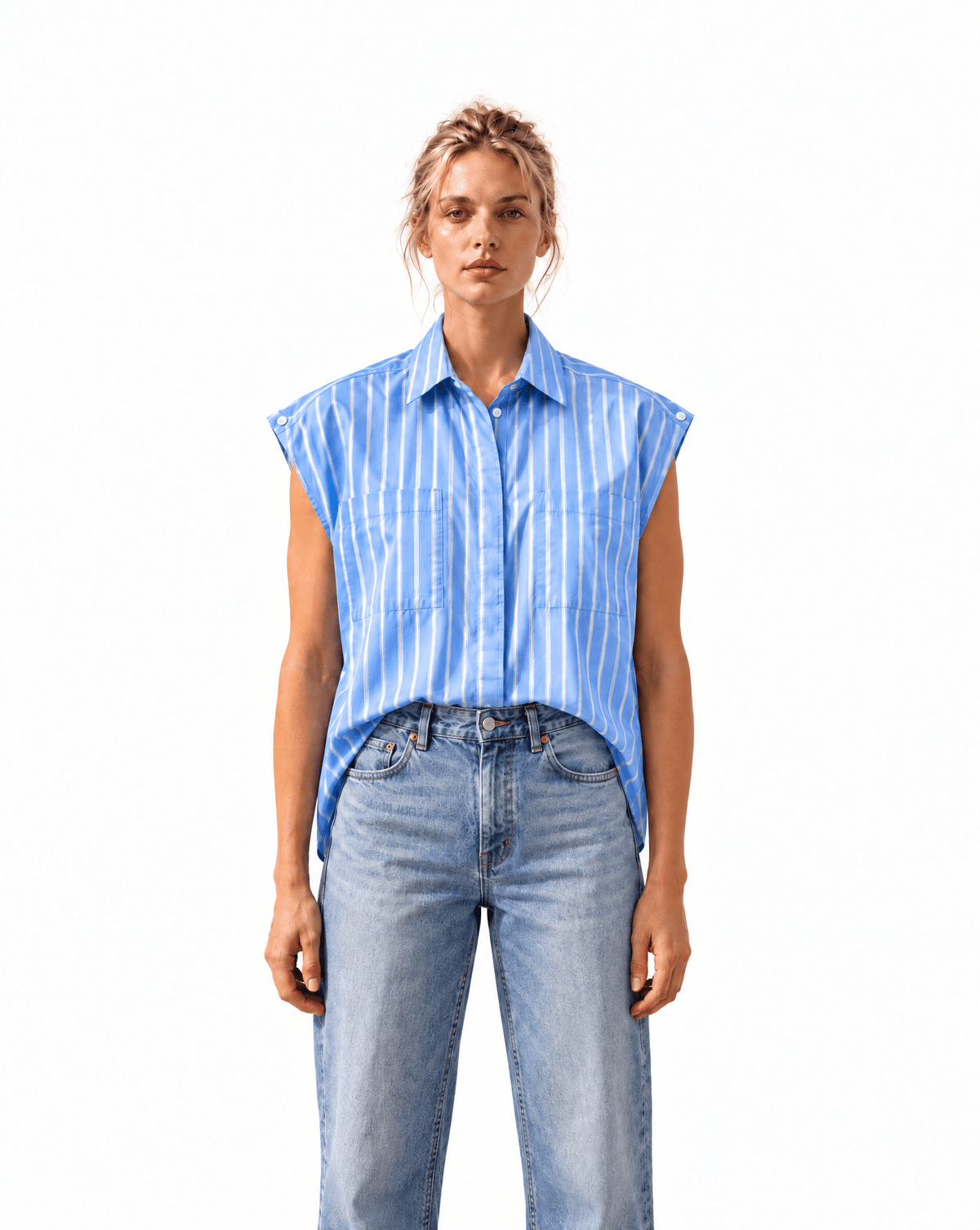 Blue Multi-Stripe Cap Sleeve Woven - harris boulevard