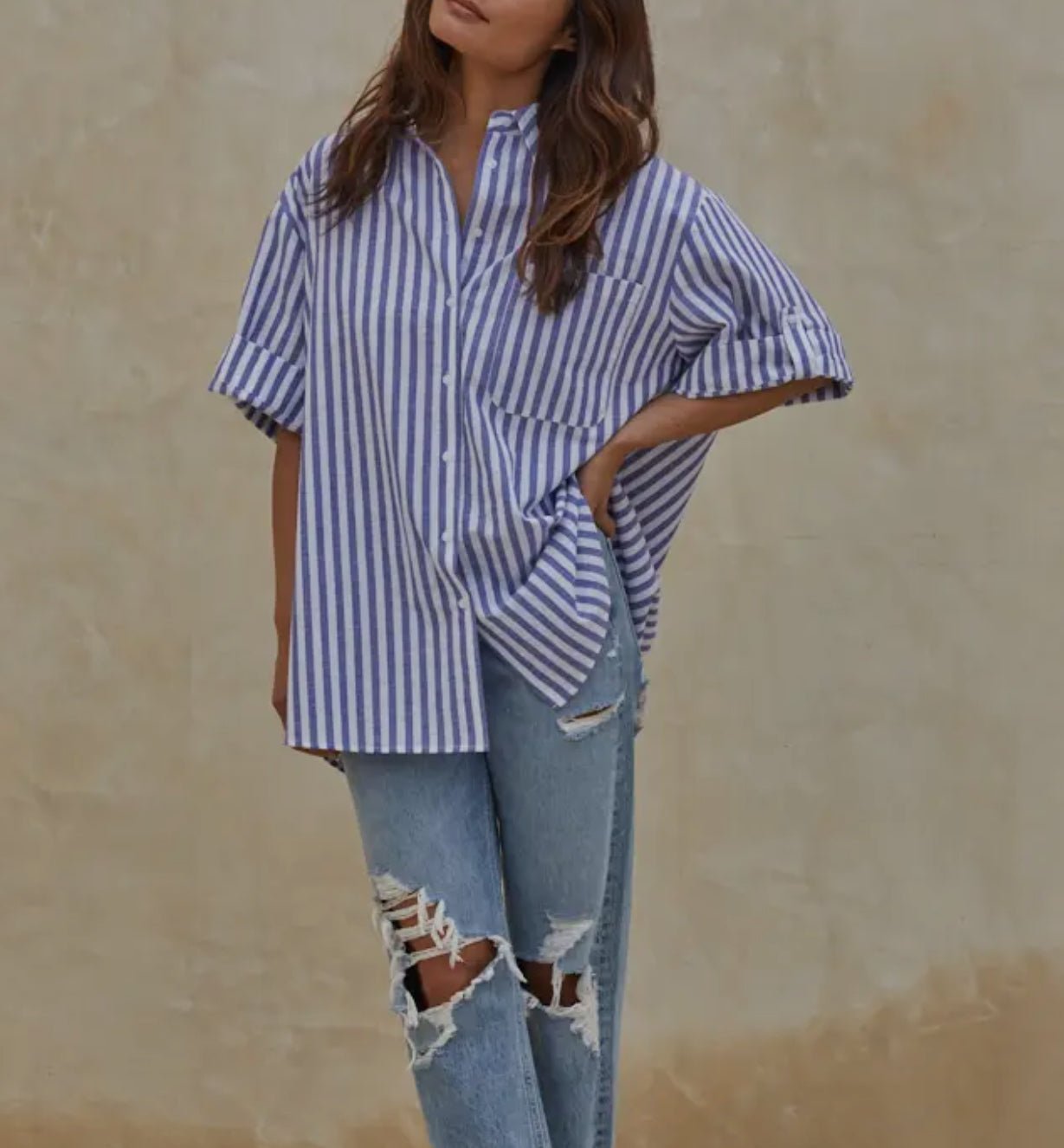 Blue Striped Short Sleeve Top - Harris Boulevard