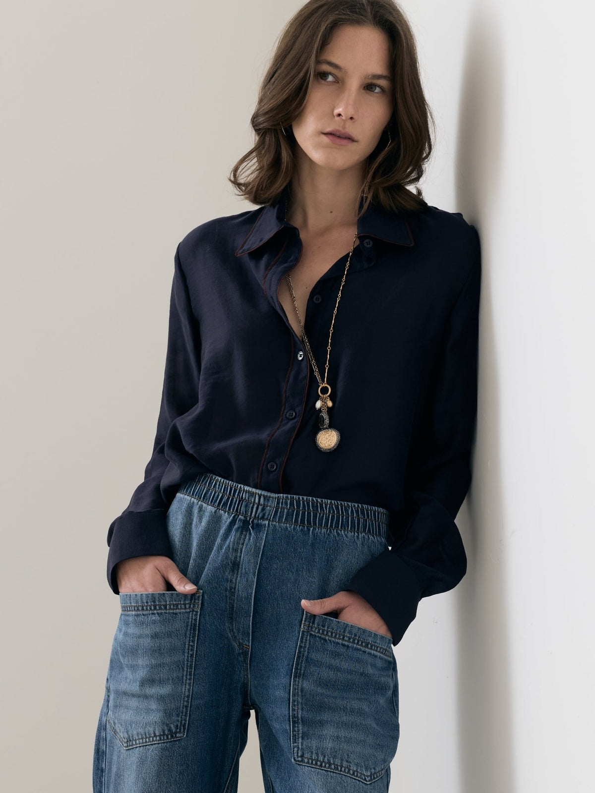 Navy Blanca Shirt with Bronze Piping - harris boulevard