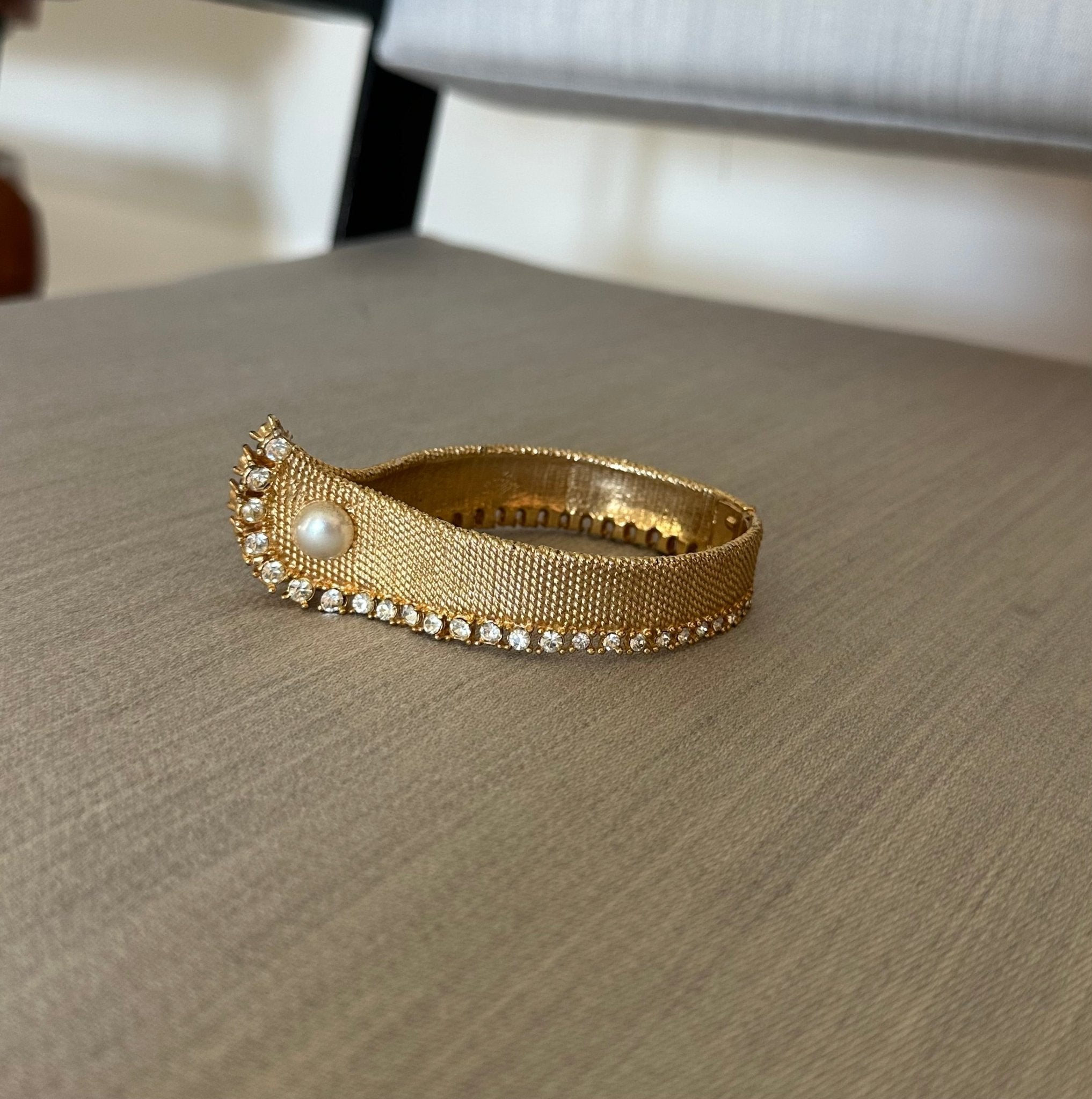 Vintage Marvella Gold Tone with Diamante and Pearl Faux Cuff Circa 1960s - harris boulevard