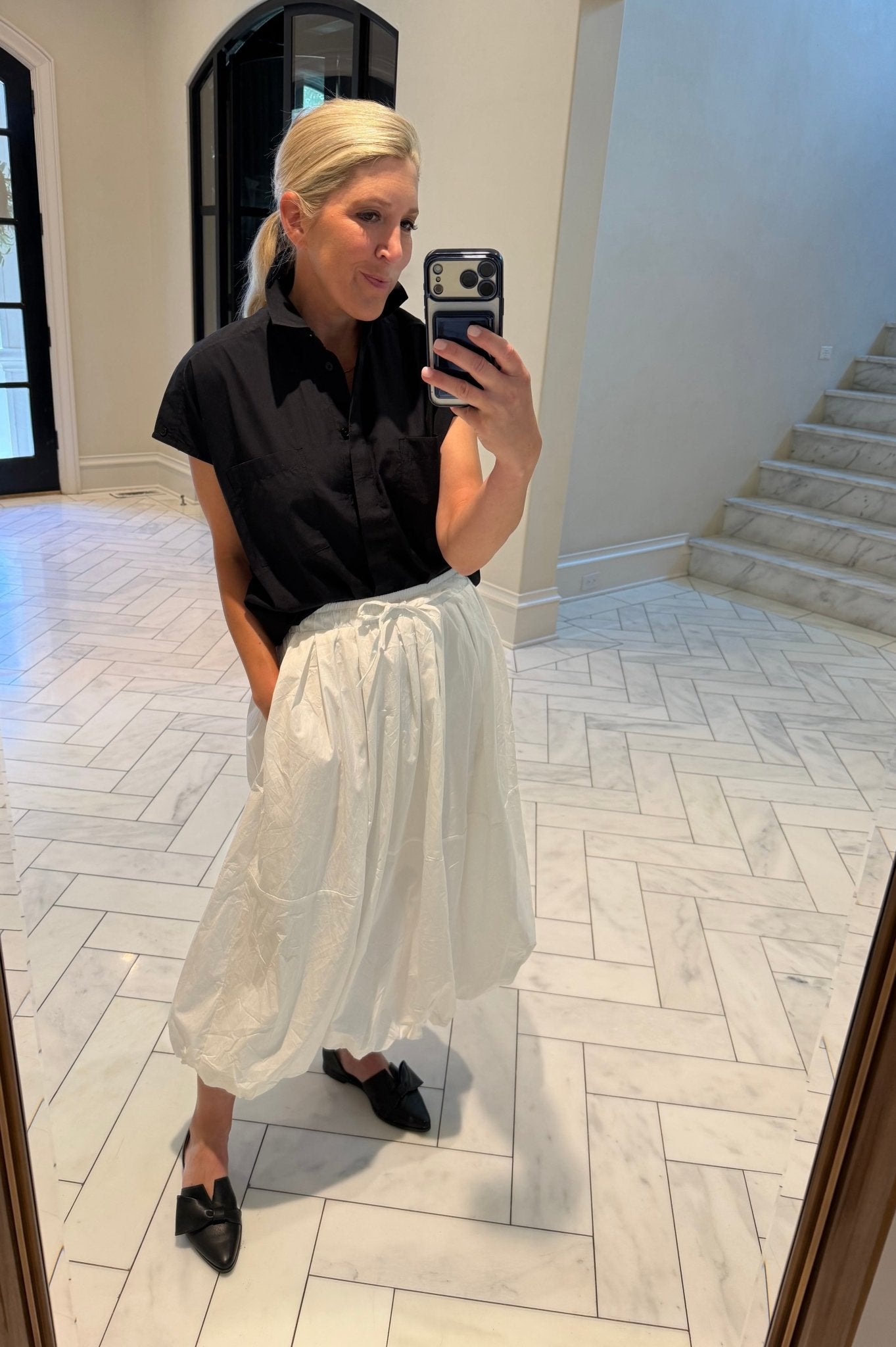 White Drawstring Bubble Skirt - harris boulevard